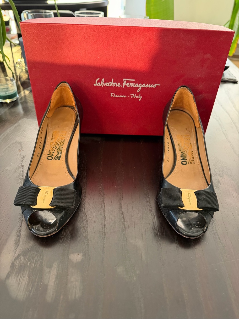 Salvatore Ferragamo Black Patent Peep-Toe Pumps with Grosgrain Bow
